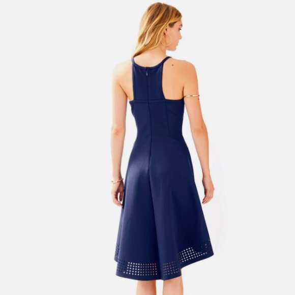 LILLY PULITZER LASER CUT SCUBA HIGH LOW HALTER AURELIE MIDI DRESS NAVY - Picture 2 of 10